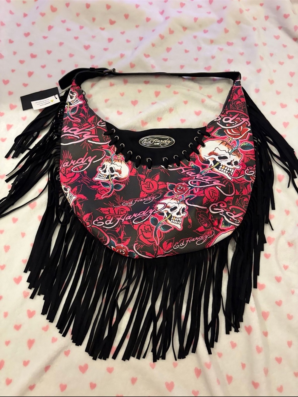 Ed Hardy Black and Pink Skull Fringe Hobo Bag